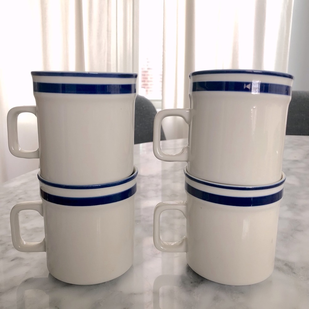 Vintage Orbit Stoneware Cups Japan Cream and Cobalt Blue #223 set of 4